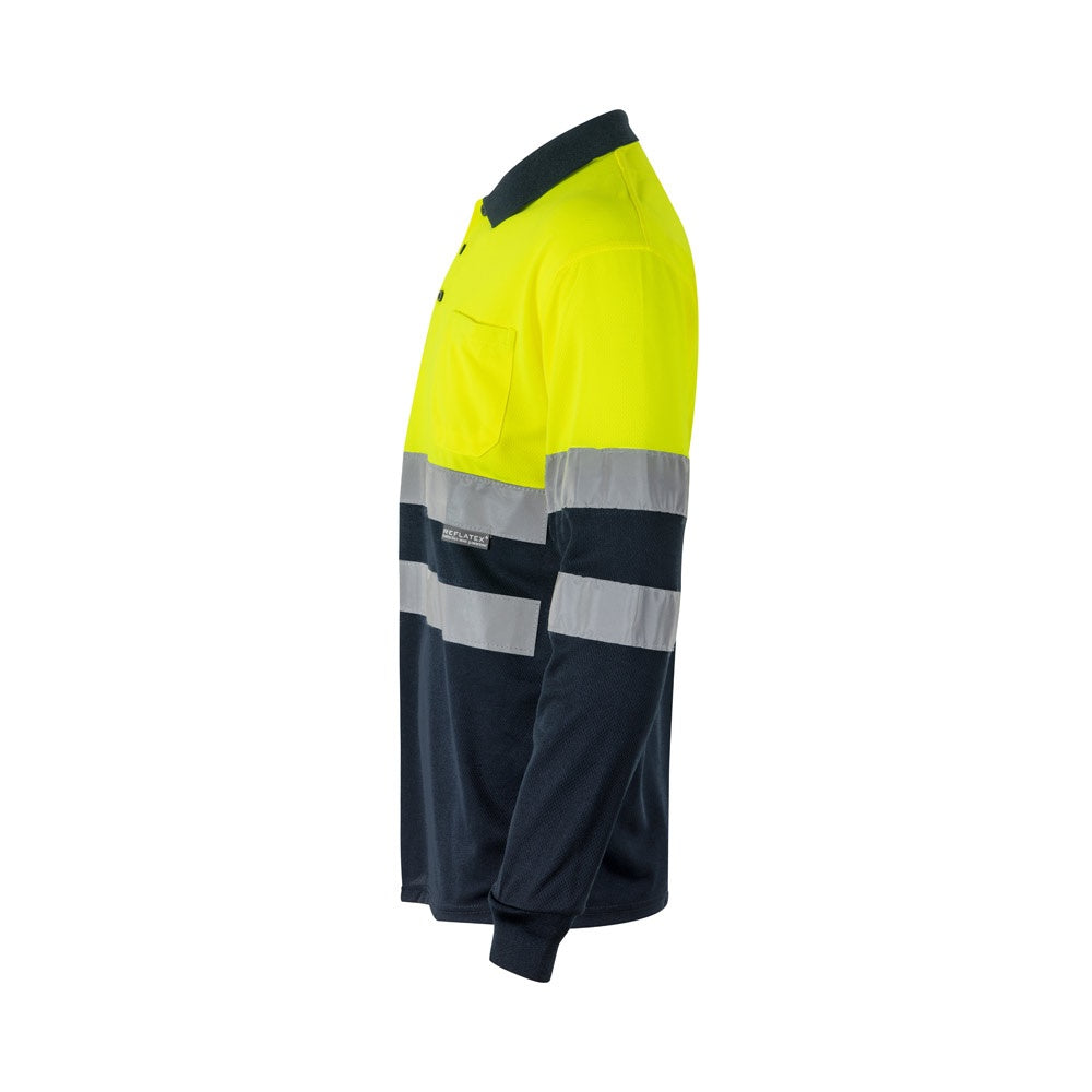 VL VULCAN LARGE promotional polo shirt in navy blue/yellow (detail view) with custom logo branding