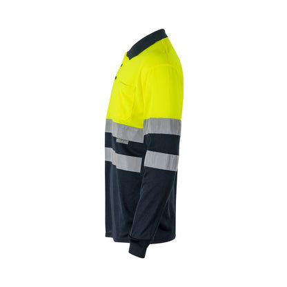 VL VULCAN LARGE promotional polo shirt in navy blue/yellow (detail view) with custom logo branding