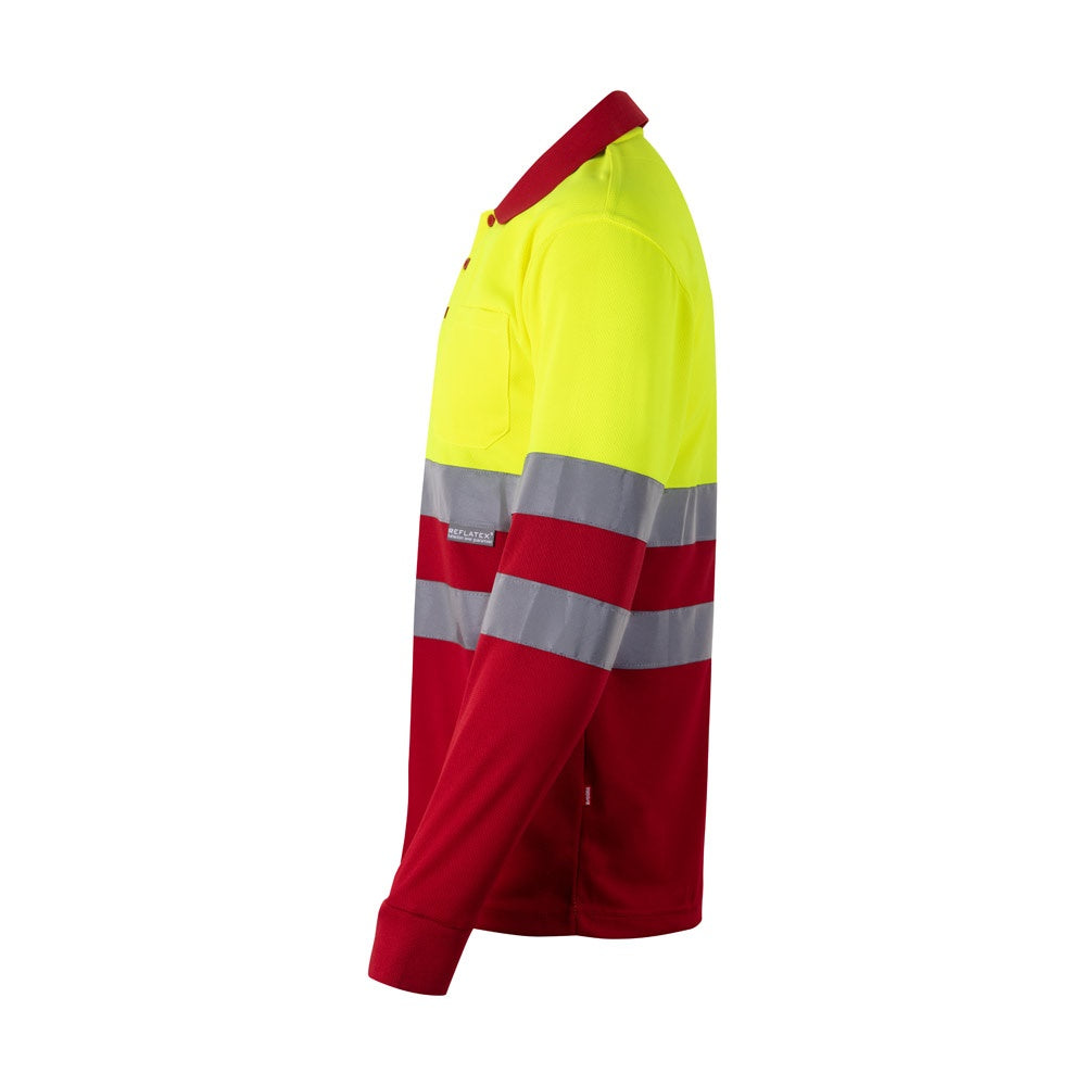 VL VULCAN LARGE promotional polo shirt in red/yellow (detail view) with custom logo branding