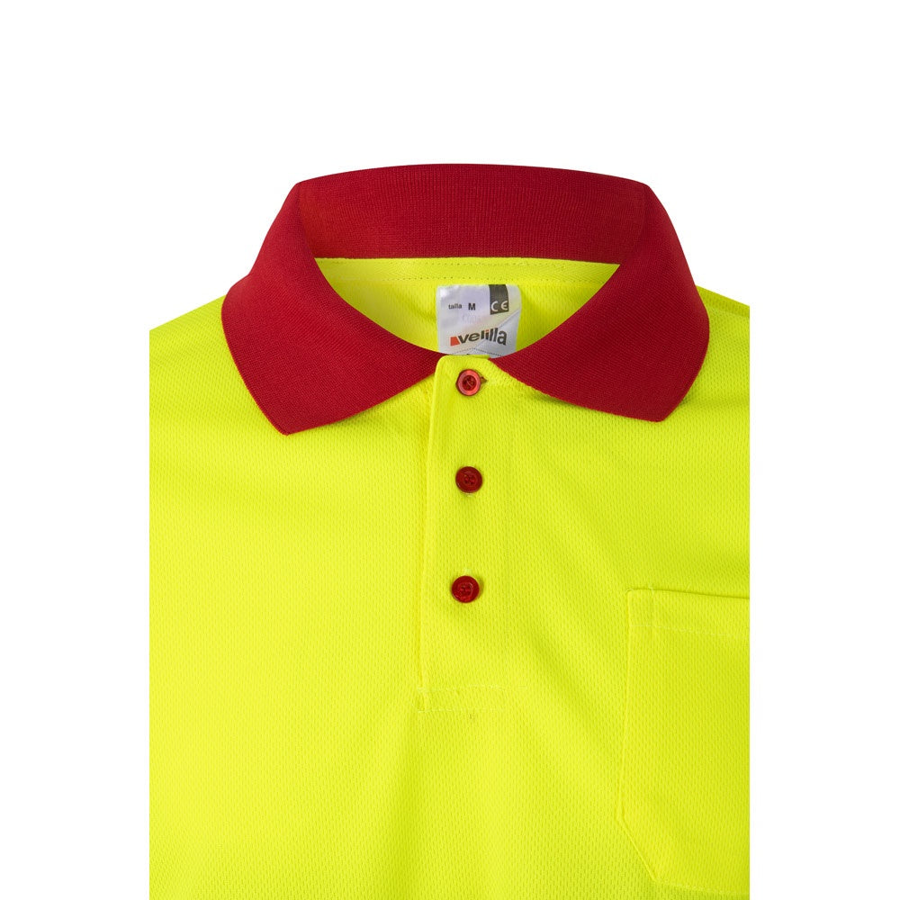 VL VULCAN LARGE promotional polo shirt in red/yellow (detail view) with custom logo branding