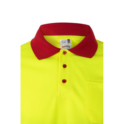 VL VULCAN LARGE promotional polo shirt in red/yellow (detail view) with custom logo branding