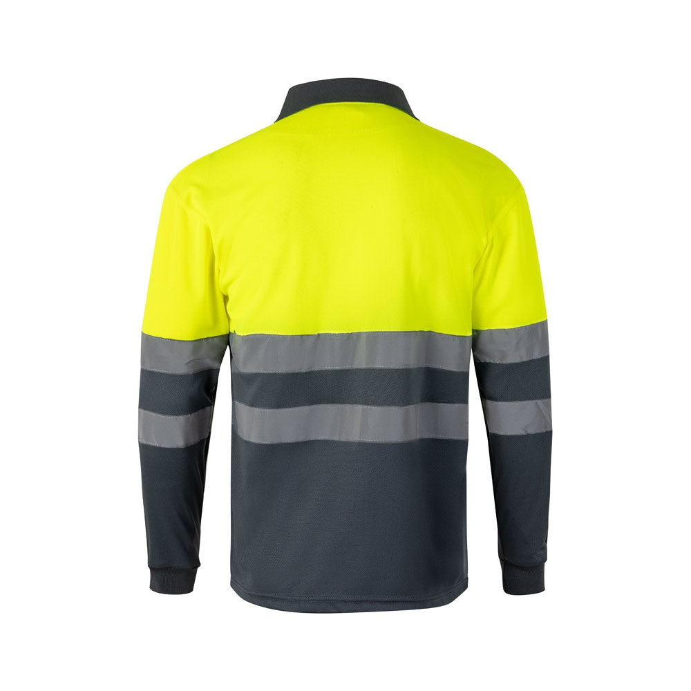 VL VULCAN LARGE promotional polo shirt in grey/yellow (detail view) with custom logo branding