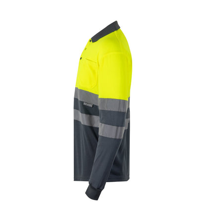 VL VULCAN LARGE promotional polo shirt in grey/yellow (detail view) with custom logo branding