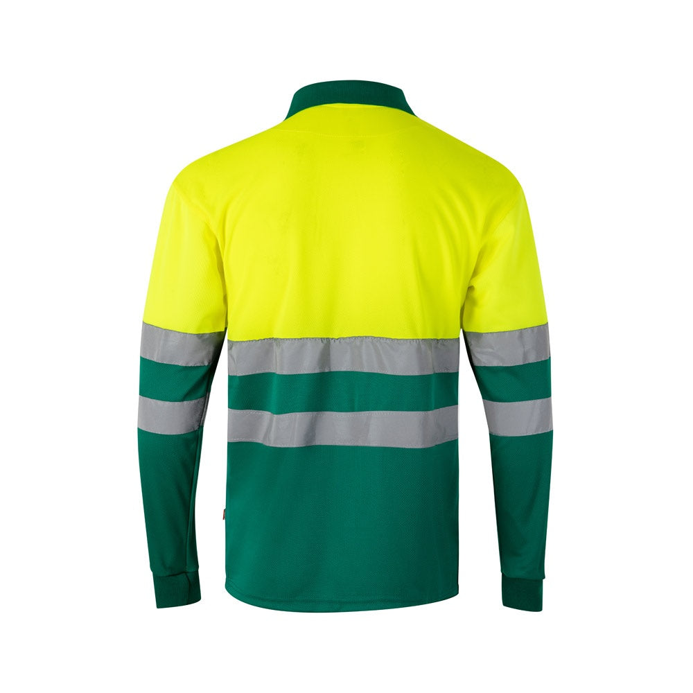 VL VULCAN LARGE promotional polo shirt in green/yellow (detail view) with custom logo branding