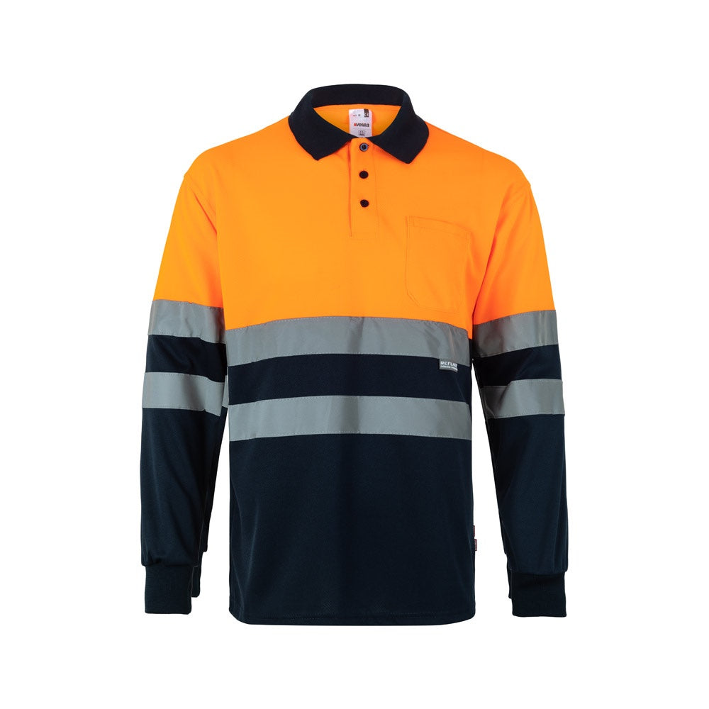 VL VULCAN LARGE promotional polo shirt in navy blue/orange with custom logo branding