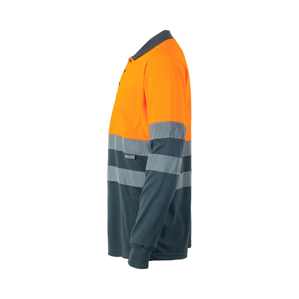 VL VULCAN LARGE promotional polo shirt in grey/orange (detail view) with custom logo branding