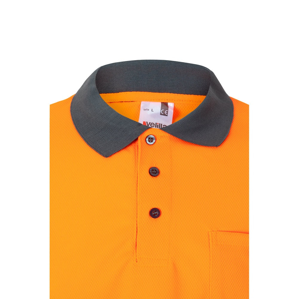 VL VULCAN LARGE promotional polo shirt in grey/orange (detail view) with custom logo branding