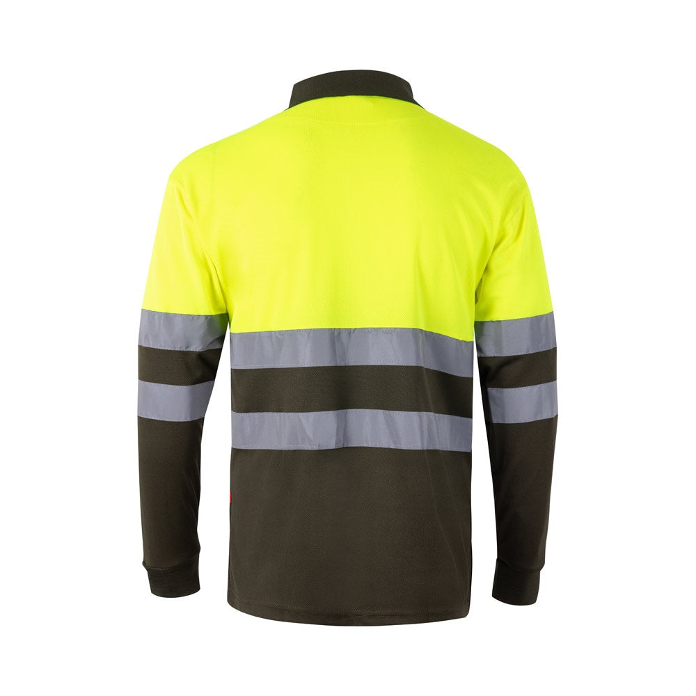 VL VULCAN LARGE promotional polo shirt in army green/yellow (detail view) with custom logo branding