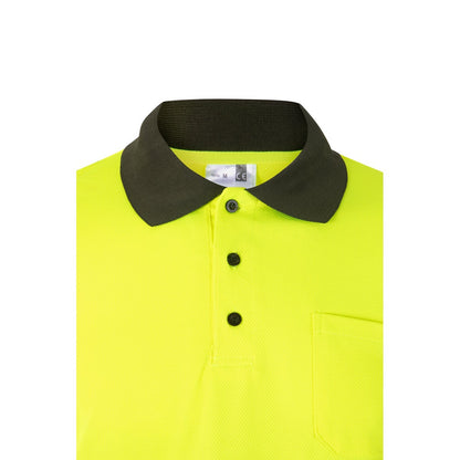 VL VULCAN LARGE promotional polo shirt in army green/yellow (detail view) with custom logo branding