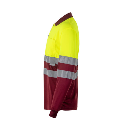 VL VULCAN LARGE promotional polo shirt in burgundy/yellow (detail view) with custom logo branding