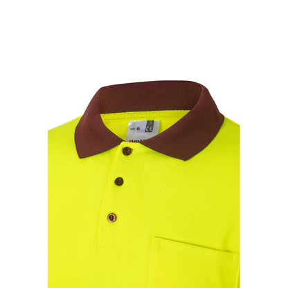 VL VULCAN LARGE promotional polo shirt in burgundy/yellow (detail view) with custom logo branding