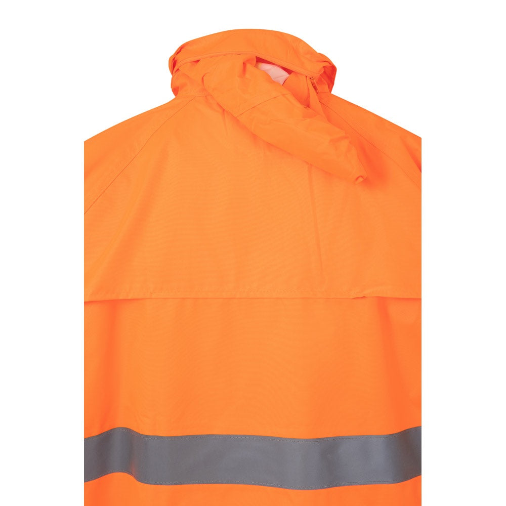 VL VENUS promotional raincoat in hexachrome orange (detail view) with custom logo branding