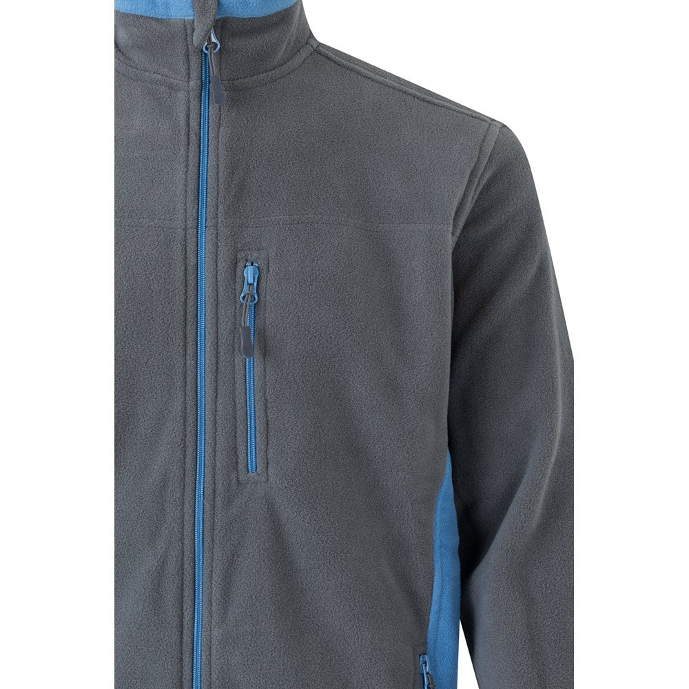 VL GERAS promotional jacket in grey / light blue (detail view) with custom logo branding
