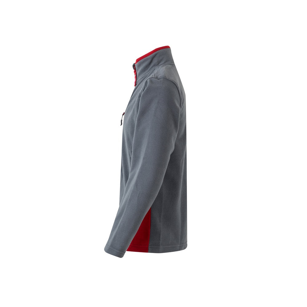 VL GERAS promotional jacket in grey / red (detail view) with custom logo branding