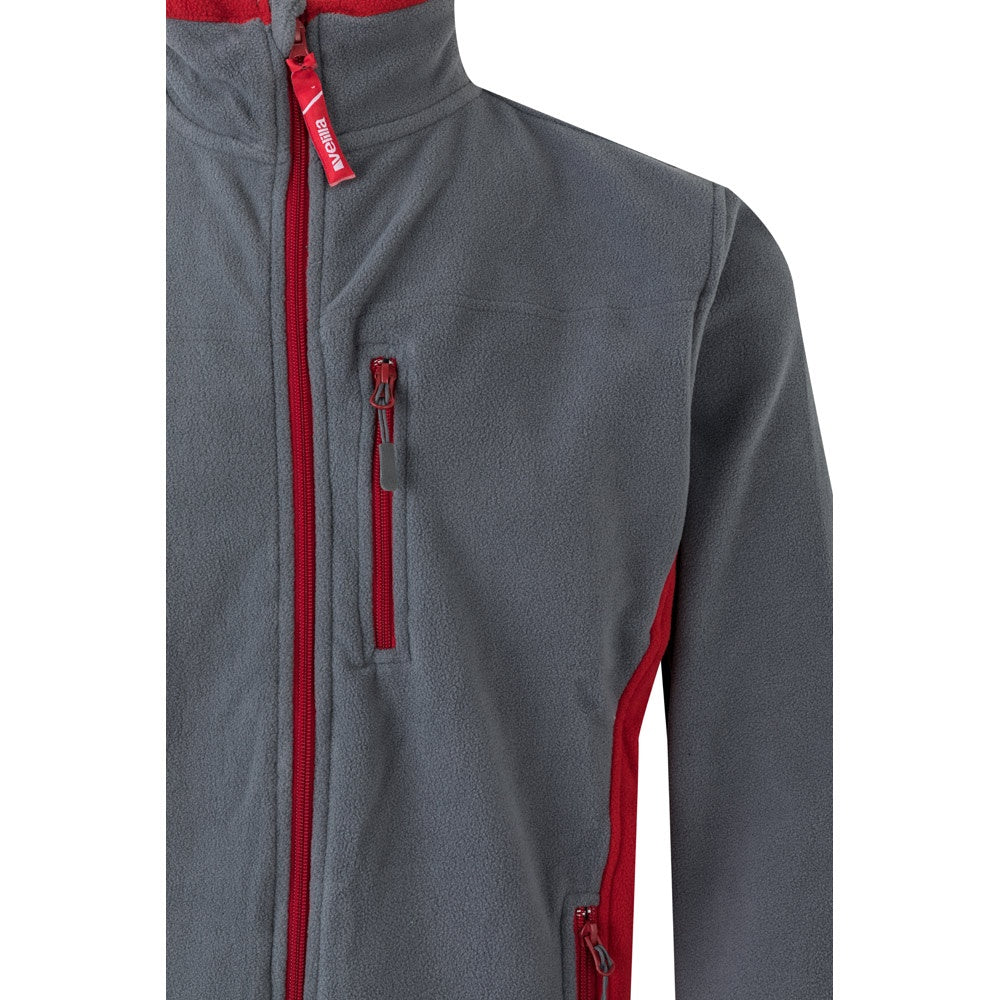 VL GERAS promotional jacket in grey / red (detail view) with custom logo branding