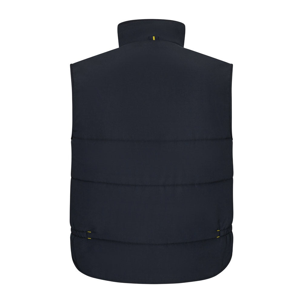 VL NERGAL promotional jacket in navy blue/yellow (detail view) with custom logo branding