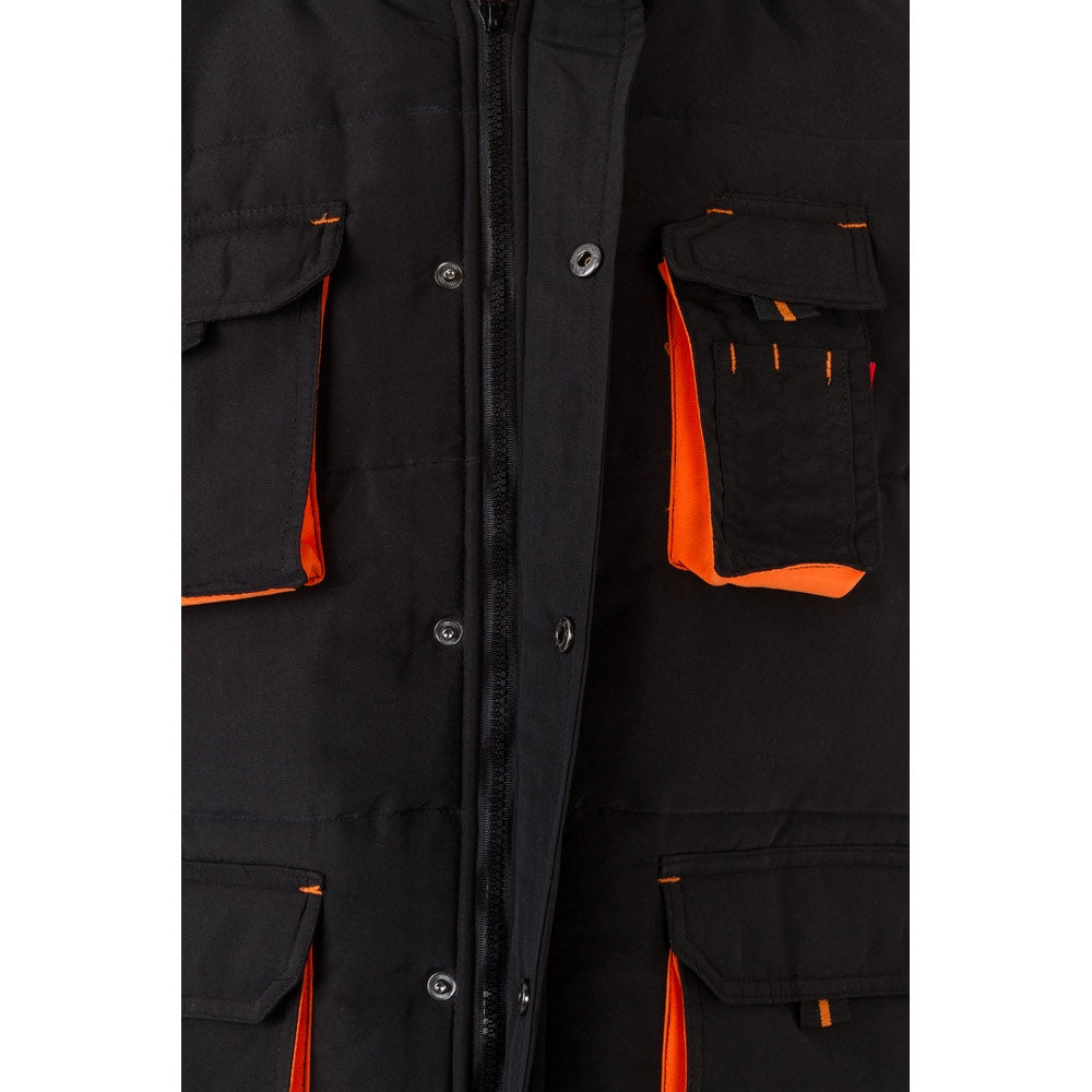 VL NERGAL promotional jacket in black/orange (detail view) with custom logo branding