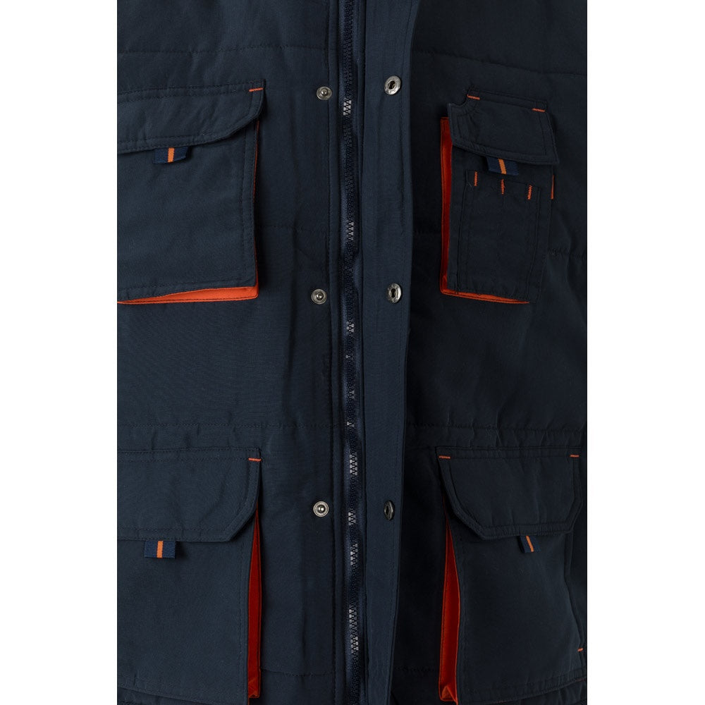 VL NERGAL promotional jacket in navy blue/orange (detail view) with custom logo branding
