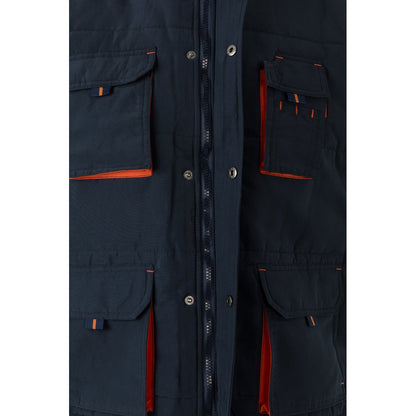 VL NERGAL promotional jacket in navy blue/orange (detail view) with custom logo branding