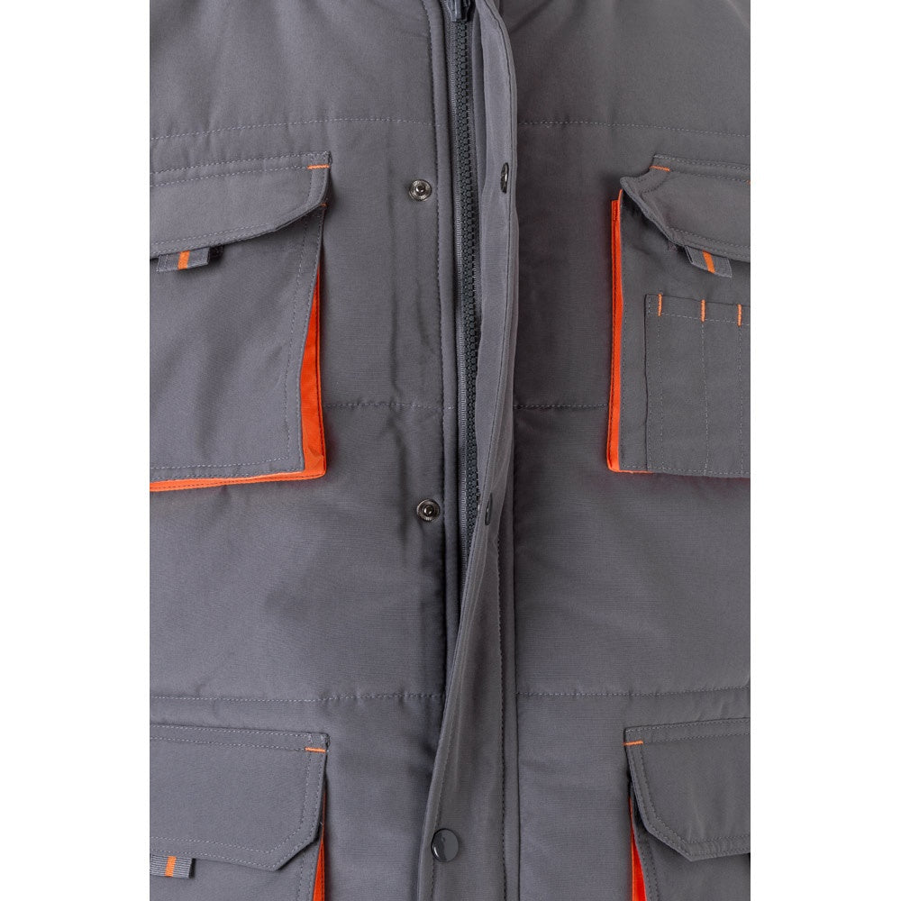 VL NERGAL promotional jacket in grey/orange (detail view) with custom logo branding