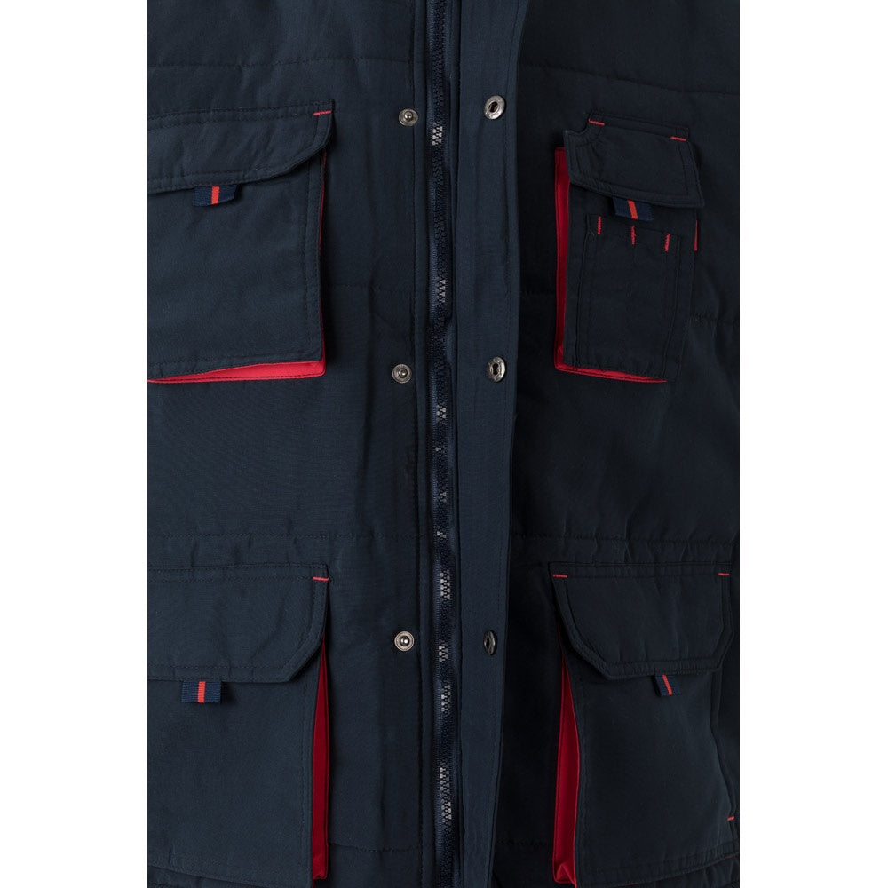 VL NERGAL promotional jacket in navy blue/red (detail view) with custom logo branding