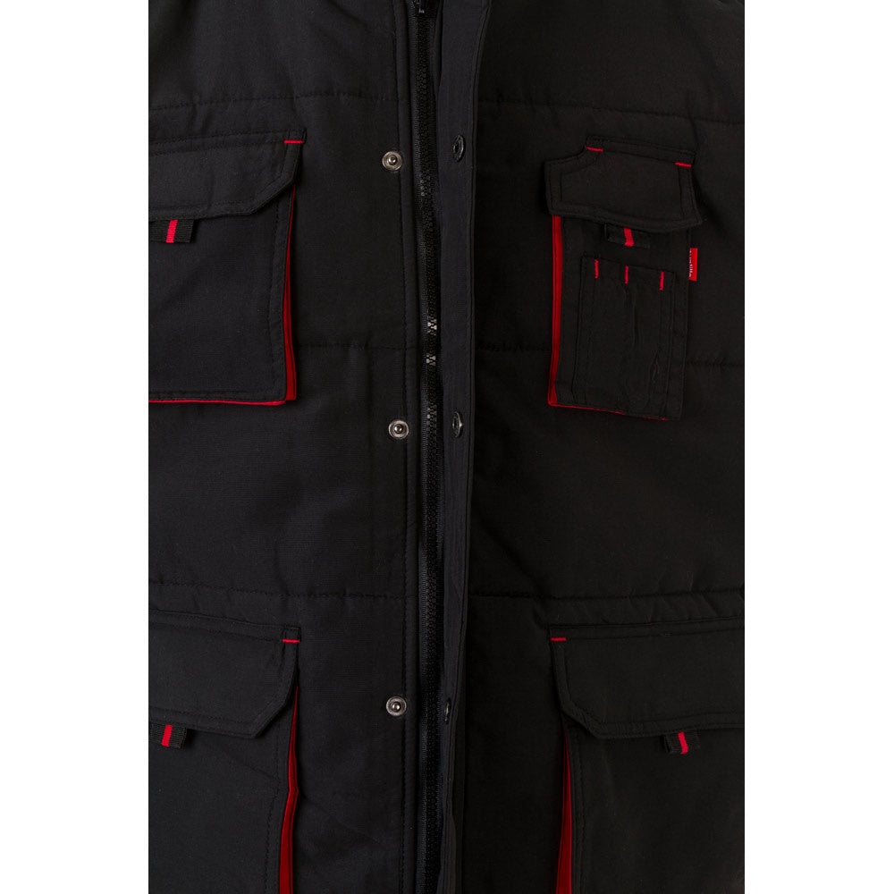 VL NERGAL promotional jacket in black/red (detail view) with custom logo branding