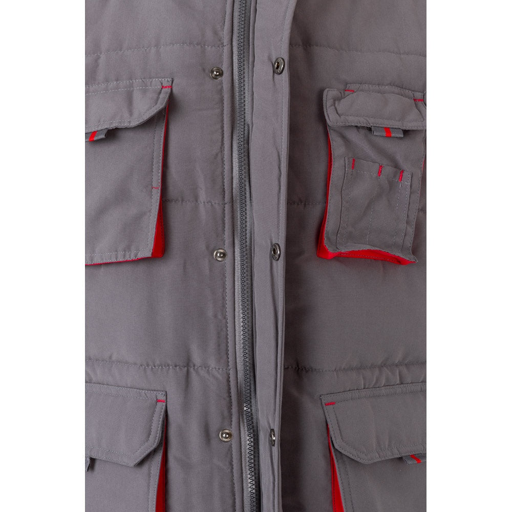 VL NERGAL promotional jacket in grey/red (detail view) with custom logo branding