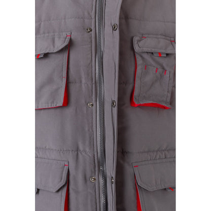 VL NERGAL promotional jacket in grey/red (detail view) with custom logo branding