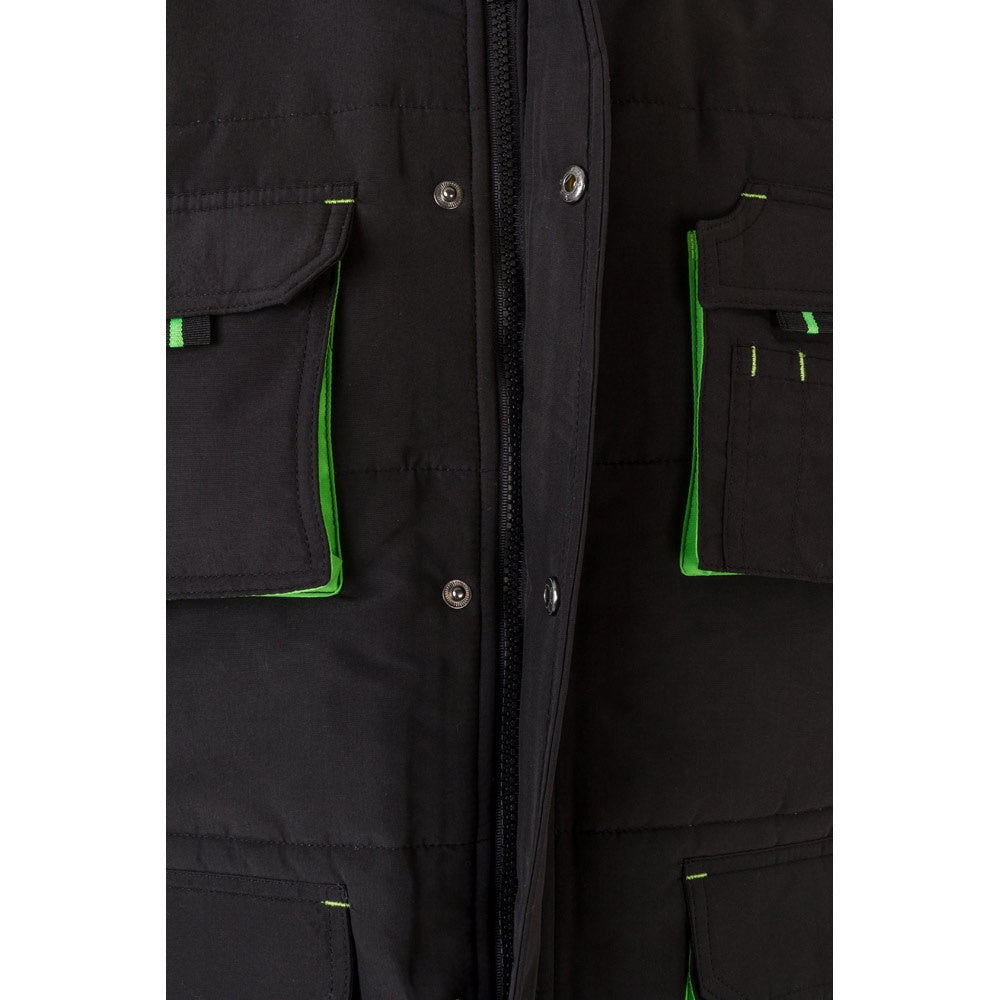 VL NERGAL promotional jacket in black/green (detail view) with custom logo branding