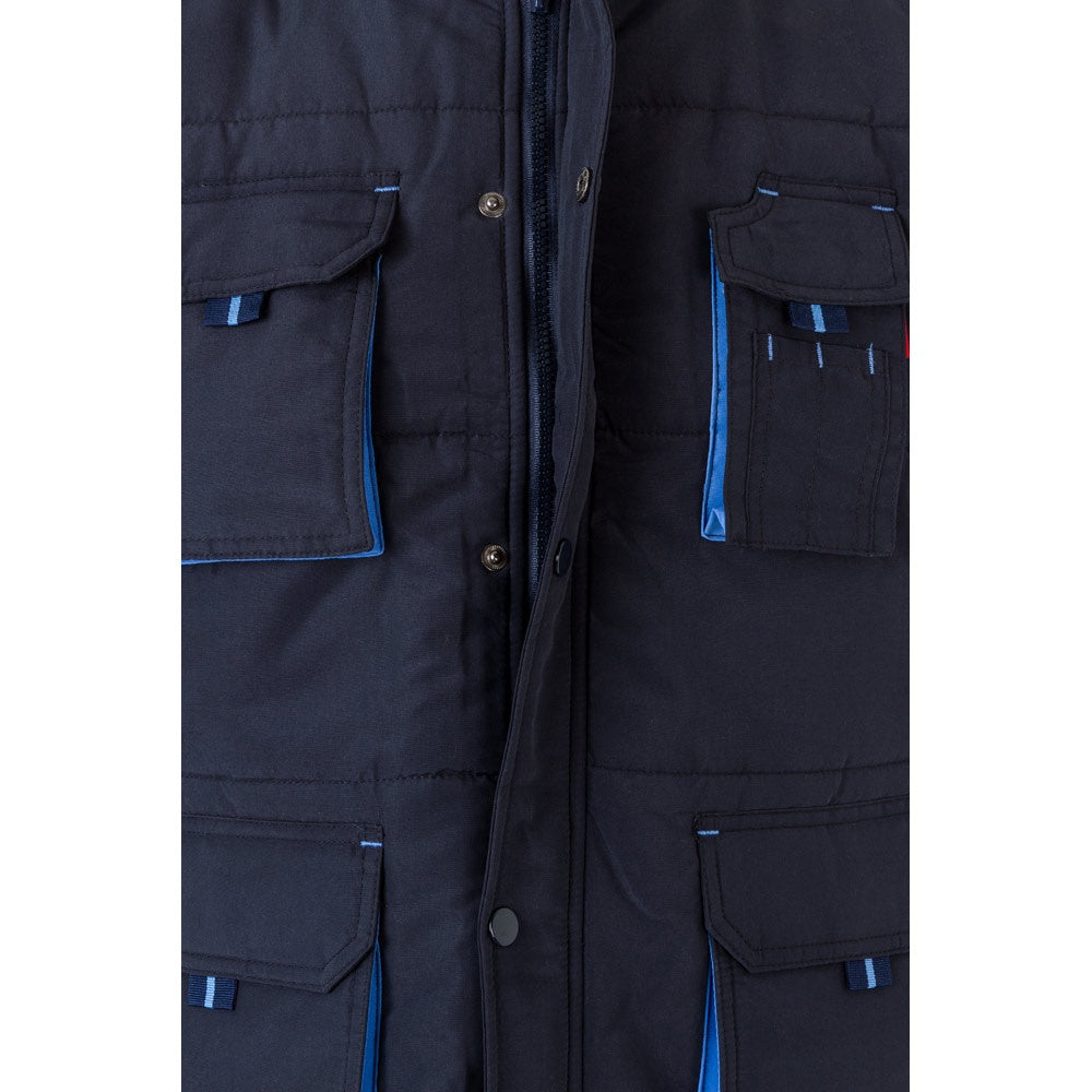 VL NERGAL promotional jacket in navy blue/light blue (detail view) with custom logo branding