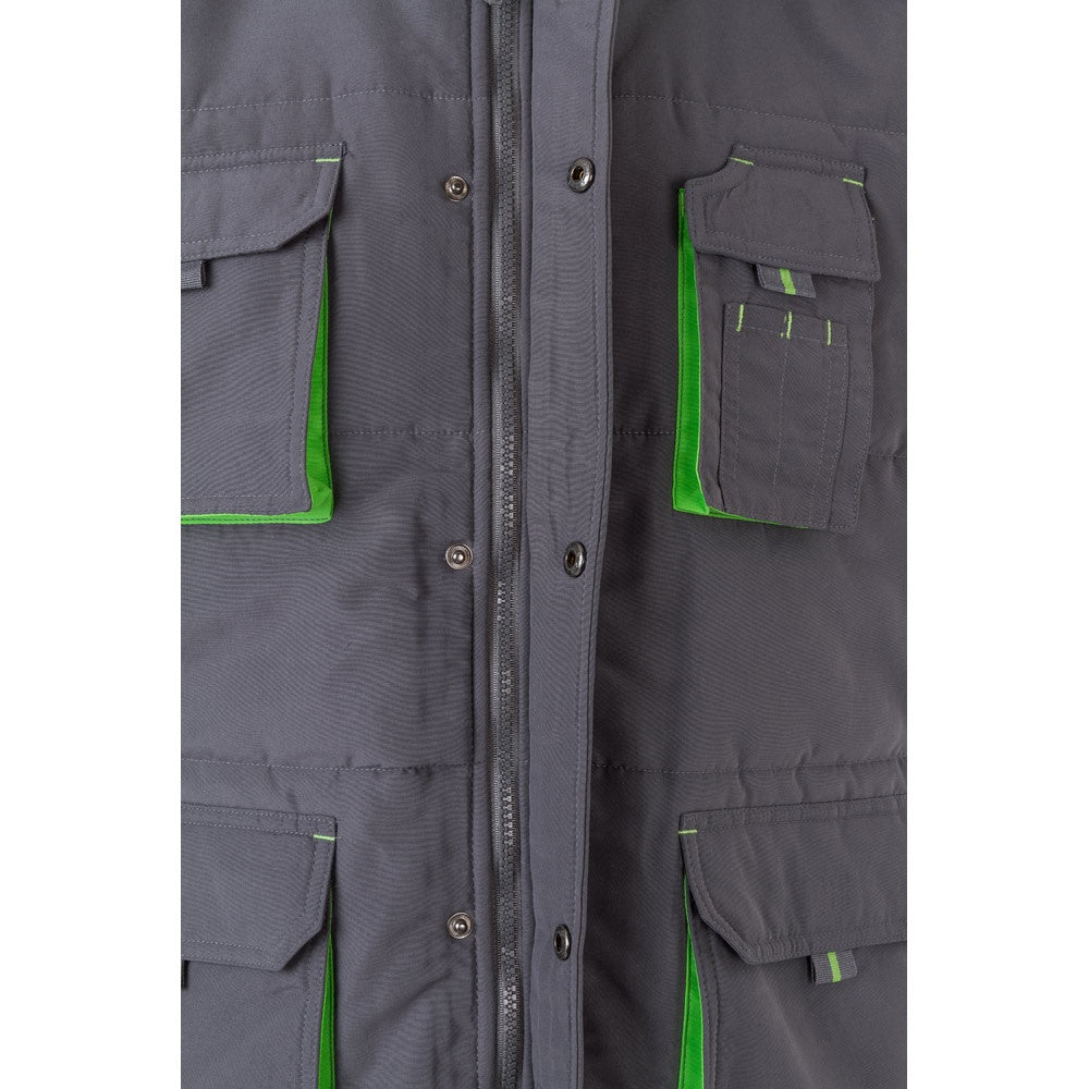 VL NERGAL promotional jacket in grey/green (detail view) with custom logo branding
