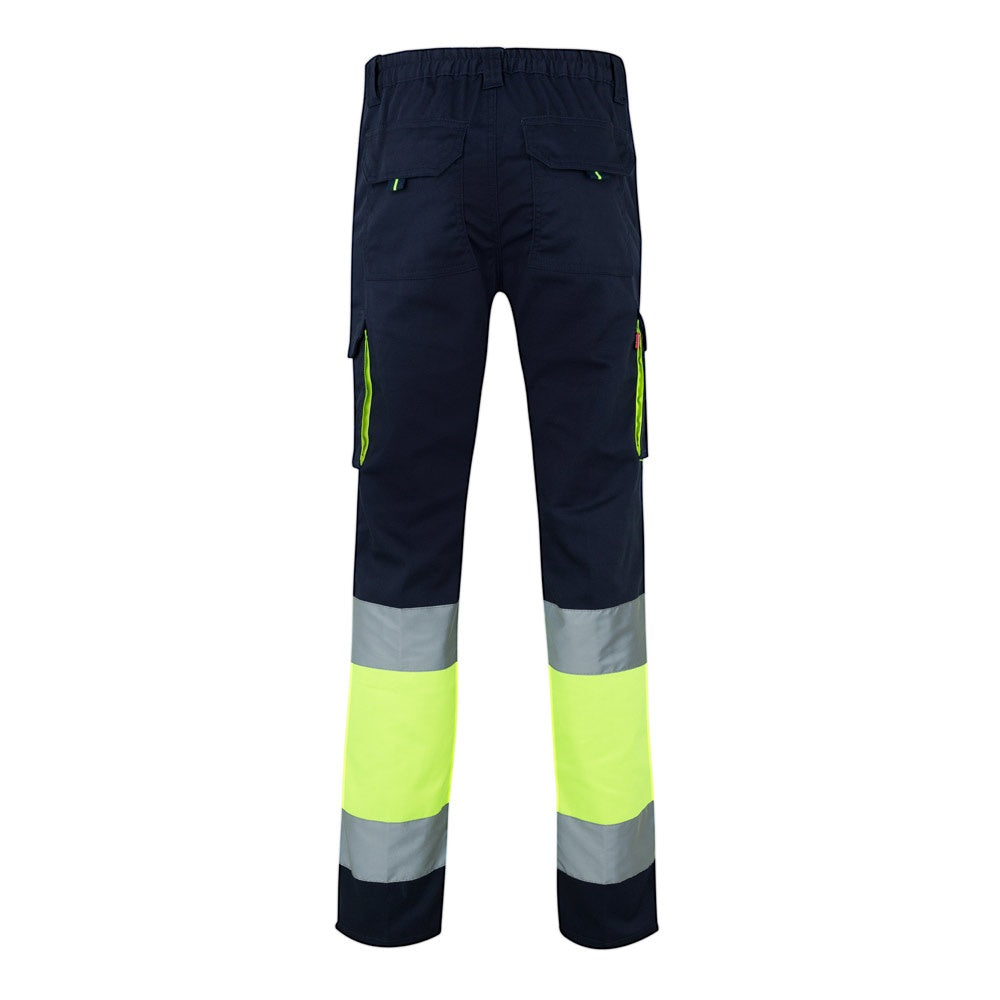 VL ZEUS promotional workwear garment in navy blue/yellow (detail view) with custom logo branding
