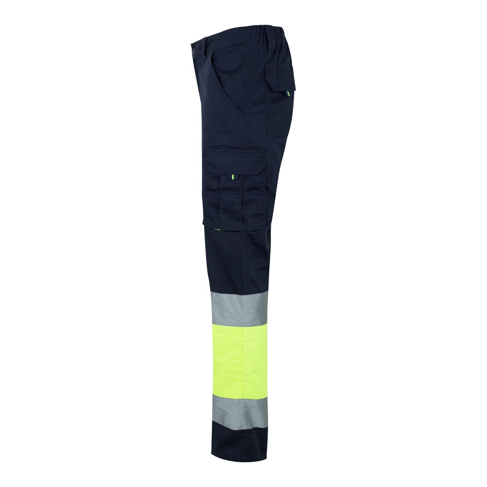 VL ZEUS promotional workwear garment in navy blue/yellow (detail view) with custom logo branding