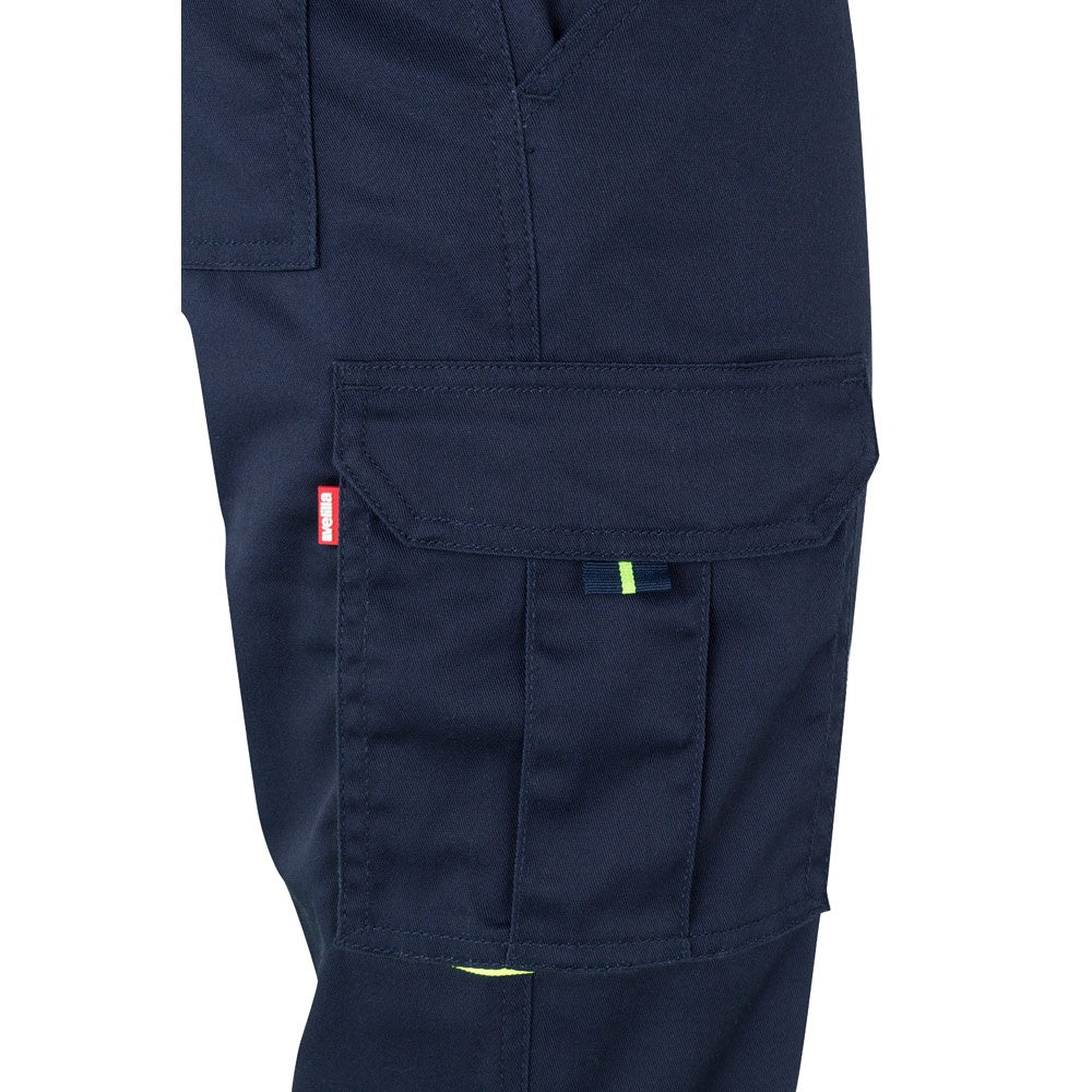 VL ZEUS promotional workwear garment in navy blue/yellow (detail view) with custom logo branding