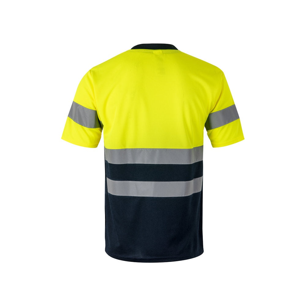 VL BRAHMA promotional t-shirt in navy blue/yellow (detail view) with custom logo branding