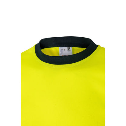 VL BRAHMA promotional t-shirt in navy blue/yellow (detail view) with custom logo branding