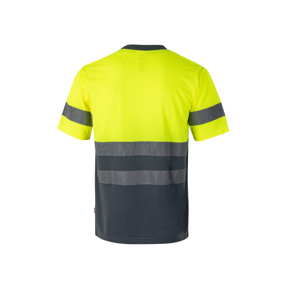 VL BRAHMA promotional t-shirt in grey/yellow (detail view) with custom logo branding
