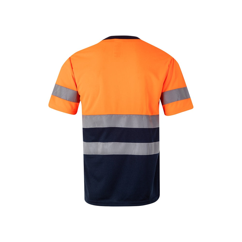 VL BRAHMA promotional t-shirt in navy blue/orange (detail view) with custom logo branding