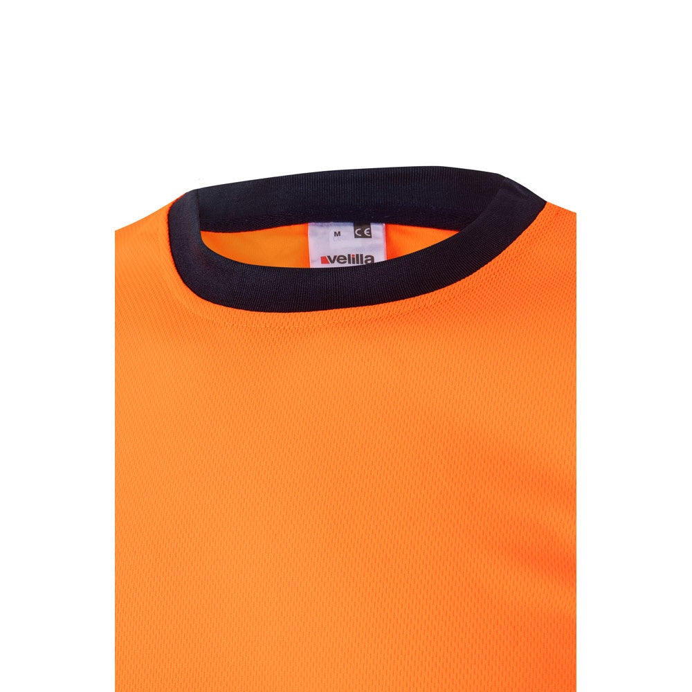 VL BRAHMA promotional t-shirt in navy blue/orange (detail view) with custom logo branding