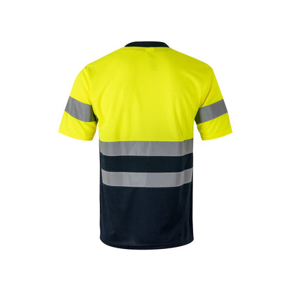 VL BRAHMA LARGE promotional t-shirt in navy blue/yellow (detail view) with custom logo branding