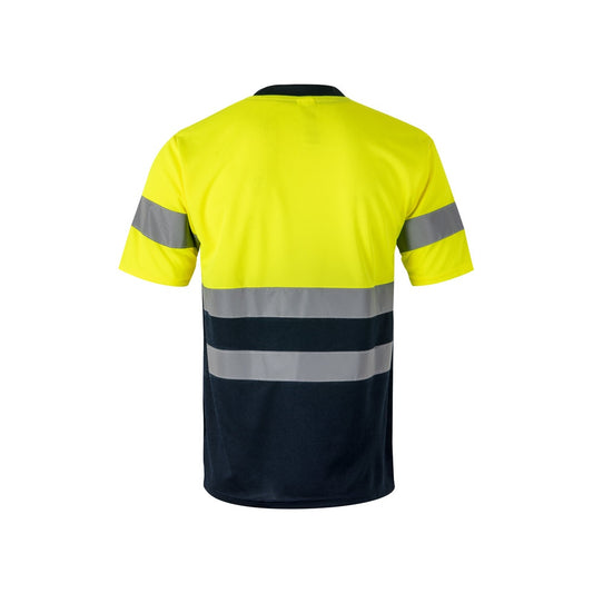 VL BRAHMA LARGE promotional t-shirt in navy blue/yellow (detail view) with custom logo branding