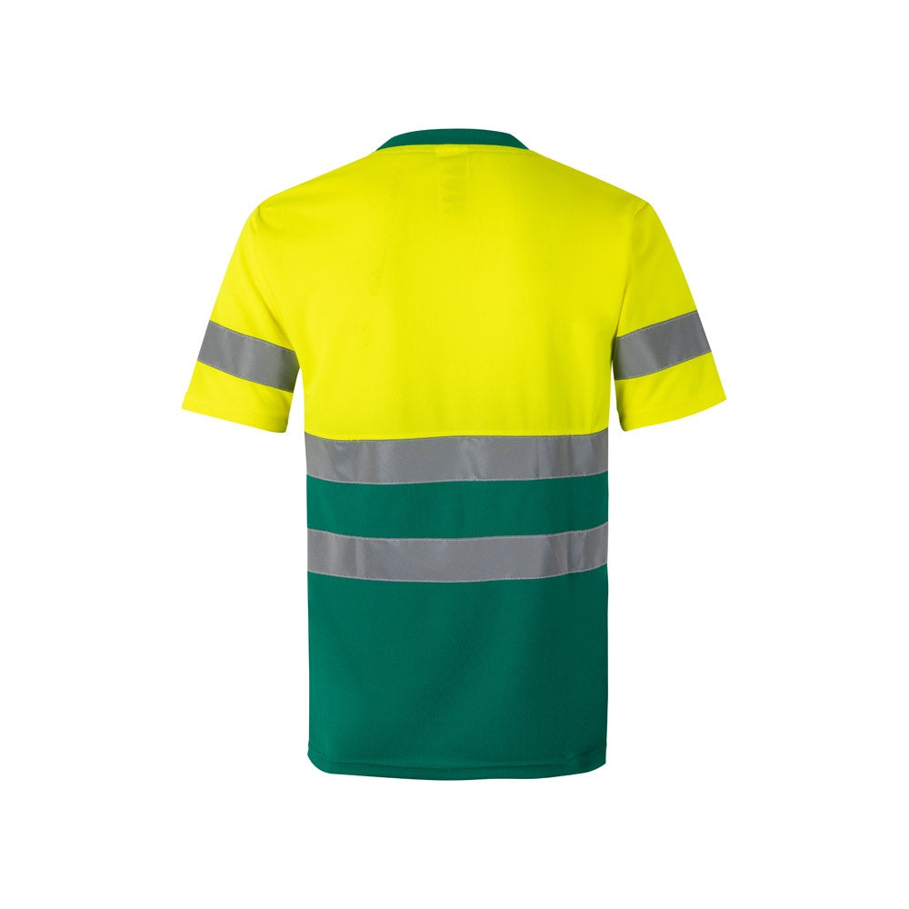 VL BRAHMA LARGE promotional t-shirt in green/yellow (detail view) with custom logo branding