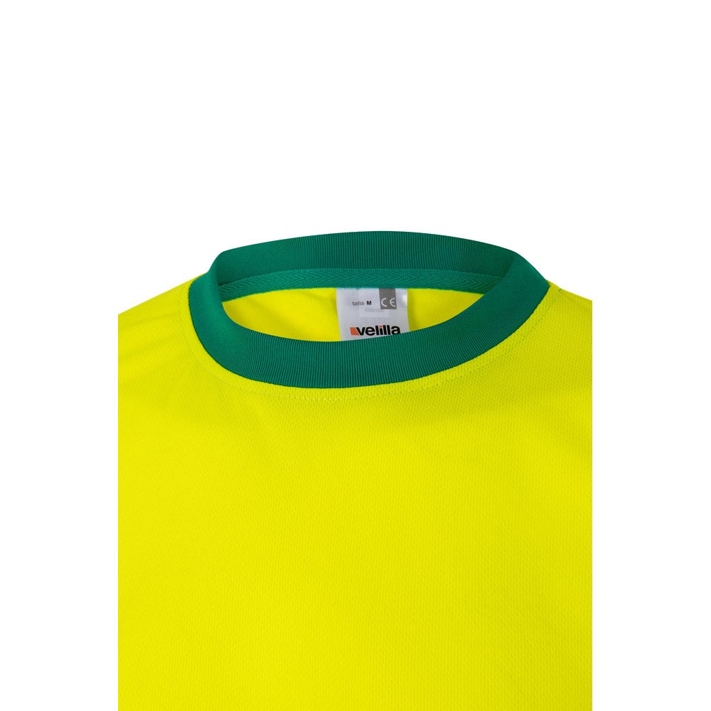 VL BRAHMA LARGE promotional t-shirt in green/yellow (detail view) with custom logo branding