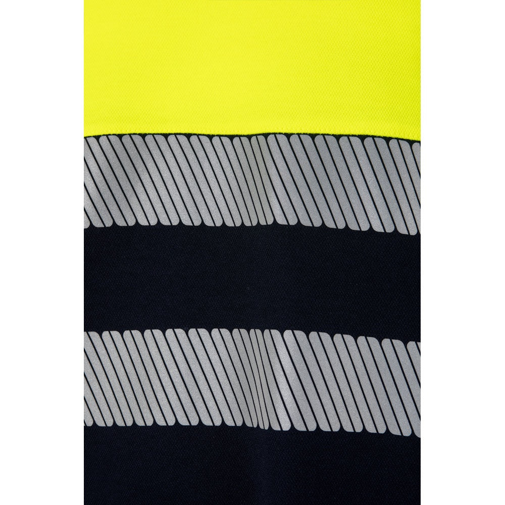 VL BASTET promotional t-shirt in navy blue/yellow (detail view) with custom logo branding