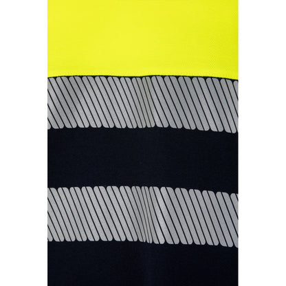 VL BASTET promotional t-shirt in navy blue/yellow (detail view) with custom logo branding