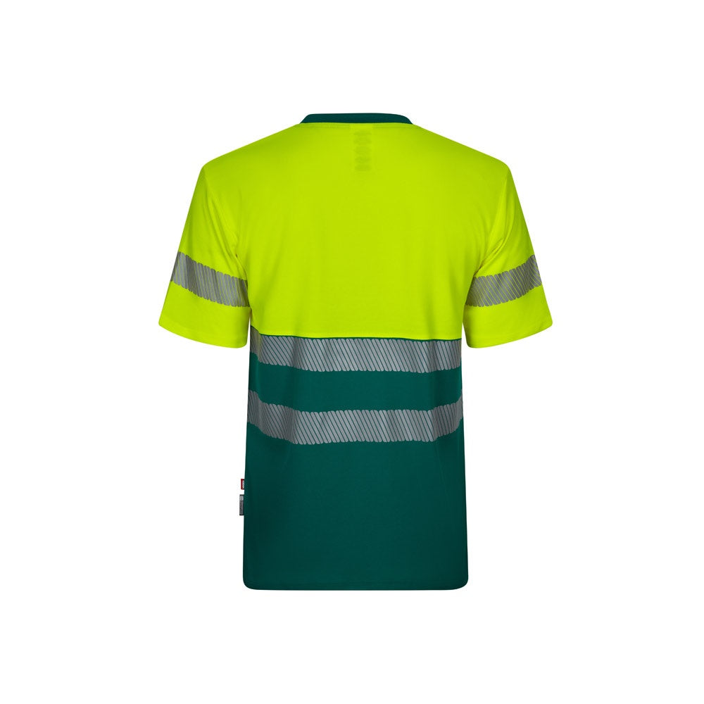 VL BASTET promotional t-shirt in green/yellow (detail view) with custom logo branding