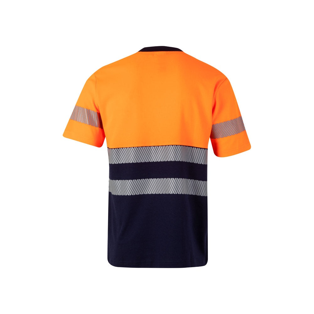 VL BASTET promotional t-shirt in navy blue/orange (detail view) with custom logo branding