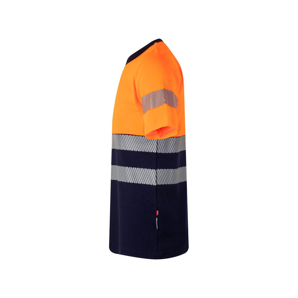 VL BASTET promotional t-shirt in navy blue/orange (detail view) with custom logo branding