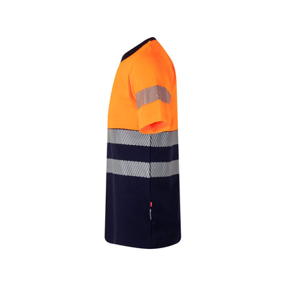 VL BASTET promotional t-shirt in navy blue/orange (detail view) with custom logo branding