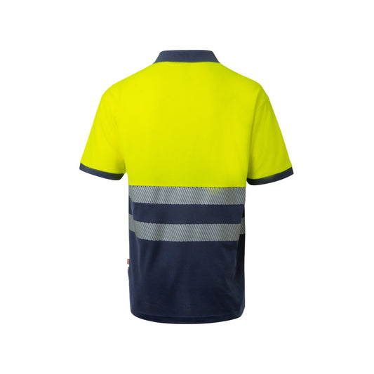 VL ACHELOUS promotional polo shirt in navy blue/yellow (detail view) with custom logo branding